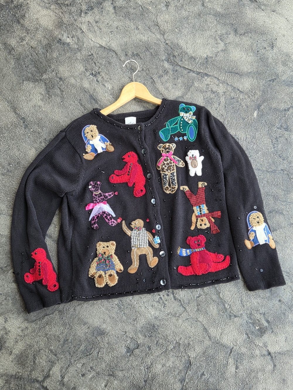 Black Women's Button-Front Cardigan Sweater with Colorful Teddy Bear Appliqués